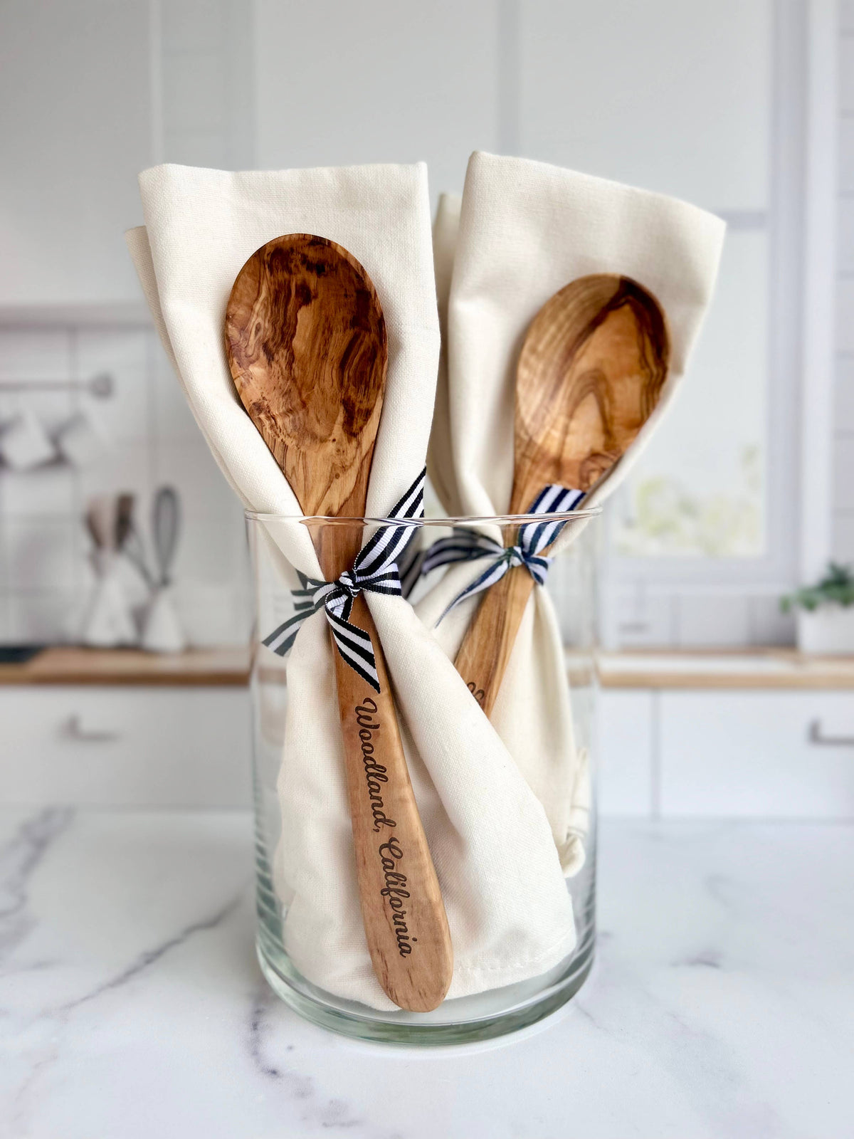 Imperial Valley Olive Wood Serving Spoon & Towel Gift Set