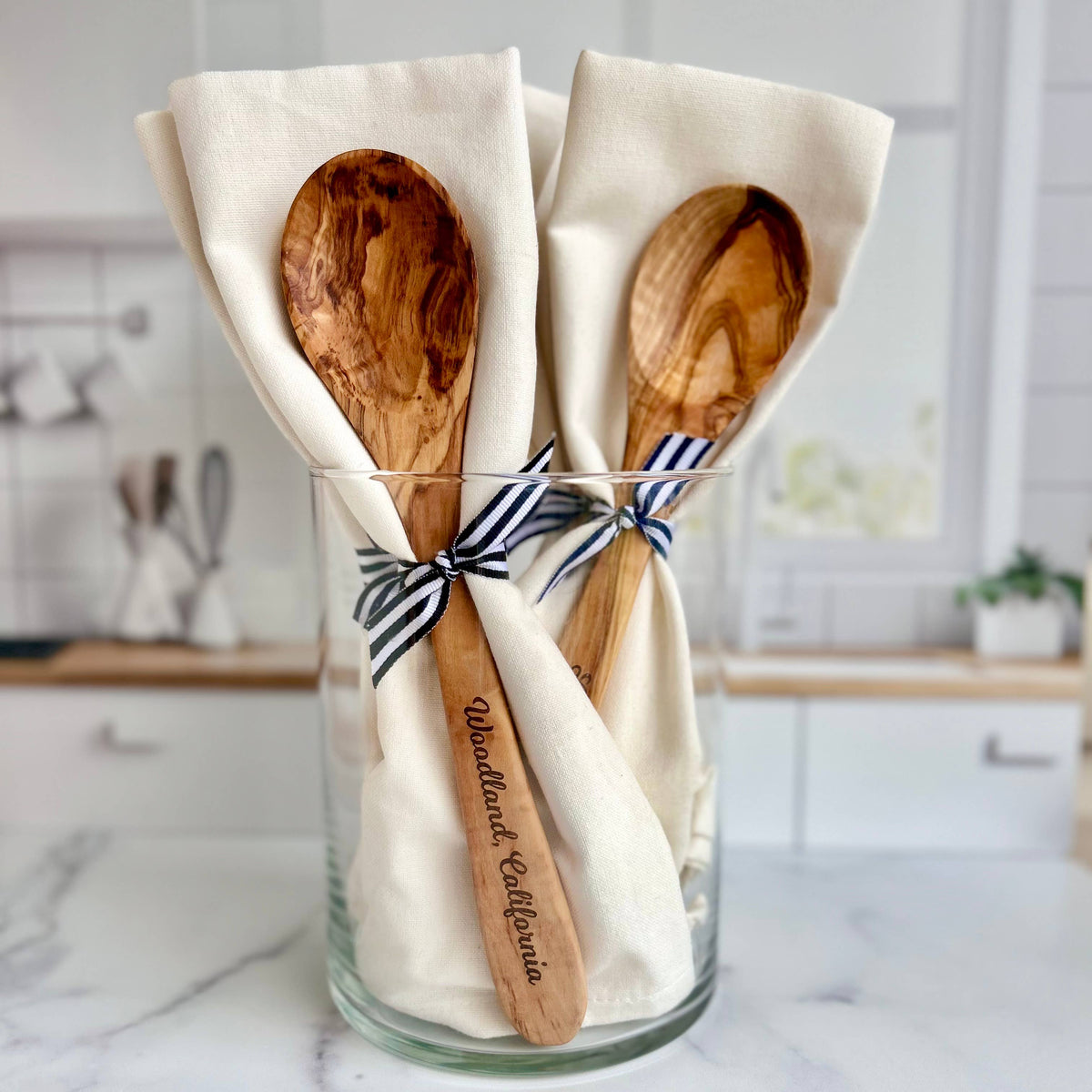 Imperial Valley Olive Wood Serving Spoon & Towel Gift Set