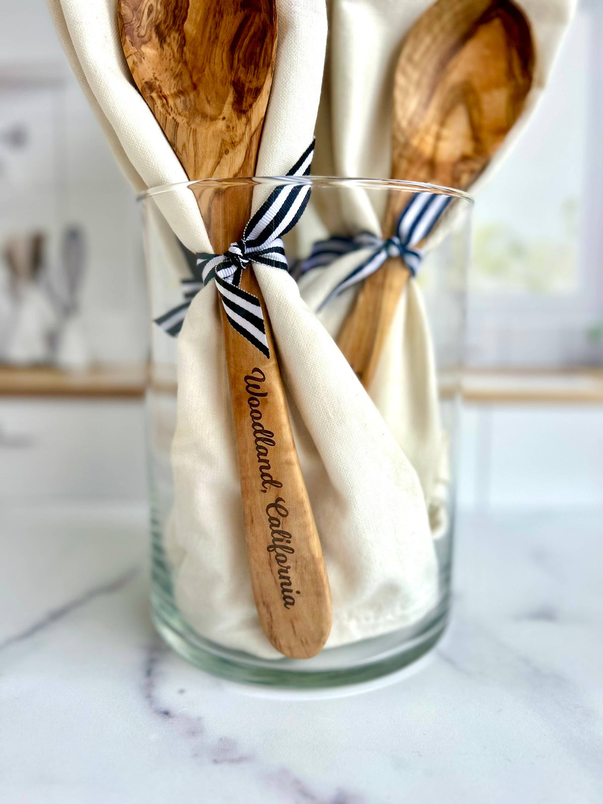Imperial Valley Olive Wood Serving Spoon & Towel Gift Set