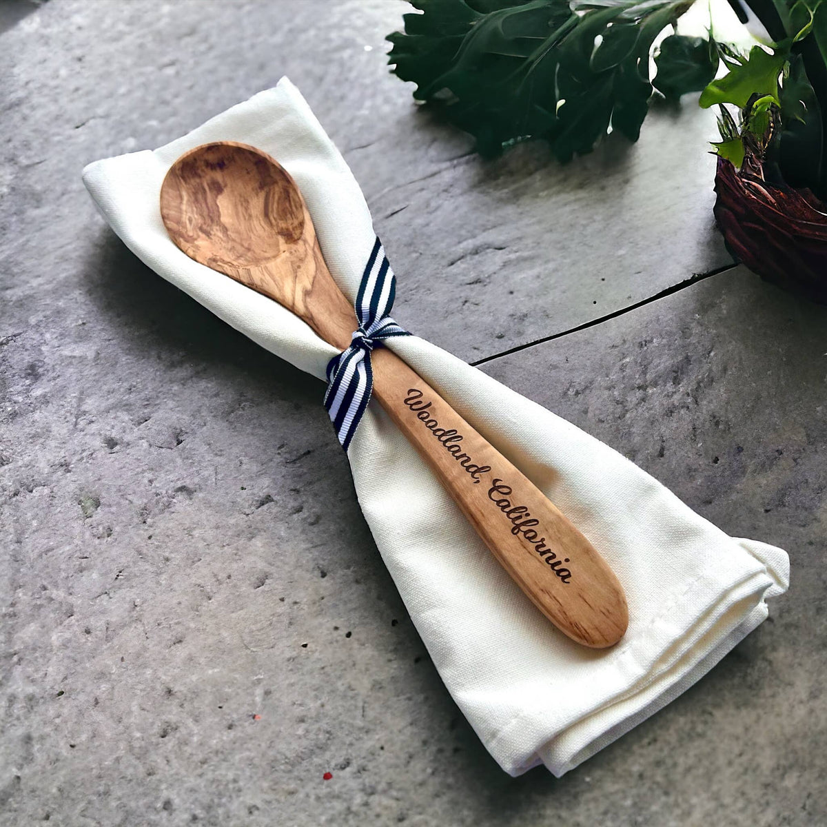Imperial Valley Olive Wood Serving Spoon & Towel Gift Set